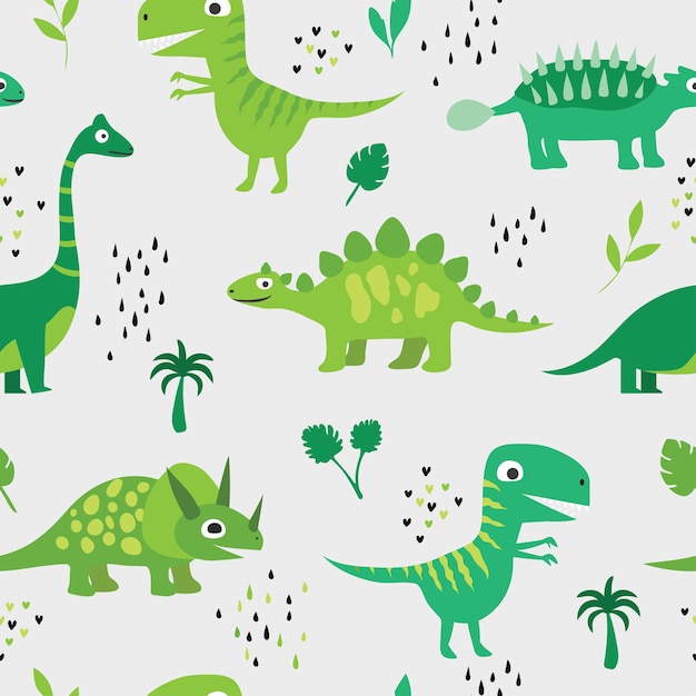 Dinosauri divertenti tra le palme e le foglie. modelli senza soluzione di continuità. illustrazione vettoriale per bambini in uno stile disegnato a mano.