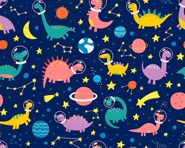 Vector funny dinosaurs in a spacesuit in space with planets. pattern.