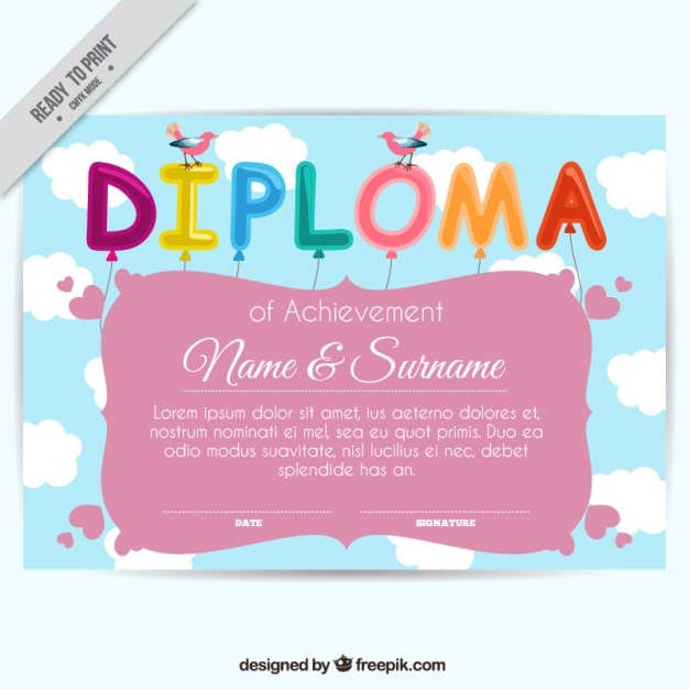 Diploma divertente dei bambini con lettere fatta di palloncini