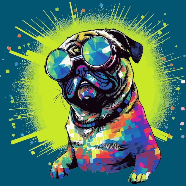 Vector funny disco pug dog wearing sunglasses humorous vector illustration for tshirts mugs cases