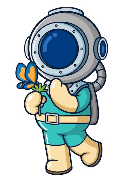 Vector funny diver playing with a butterfly