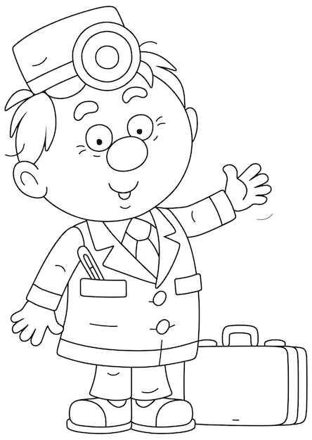 Vector funny doctor in a hospital gown and a medical briefcase friendly smiling and waving in greeting