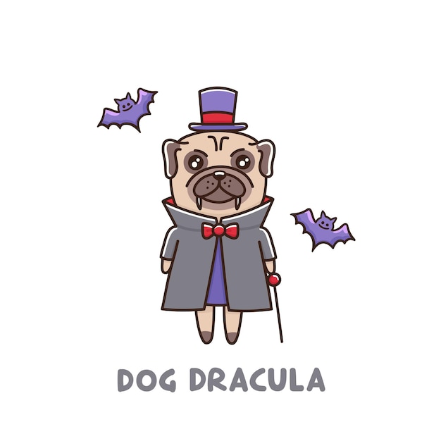 Carlino divertente di razza di cane in costume da dracula con pipistrelli