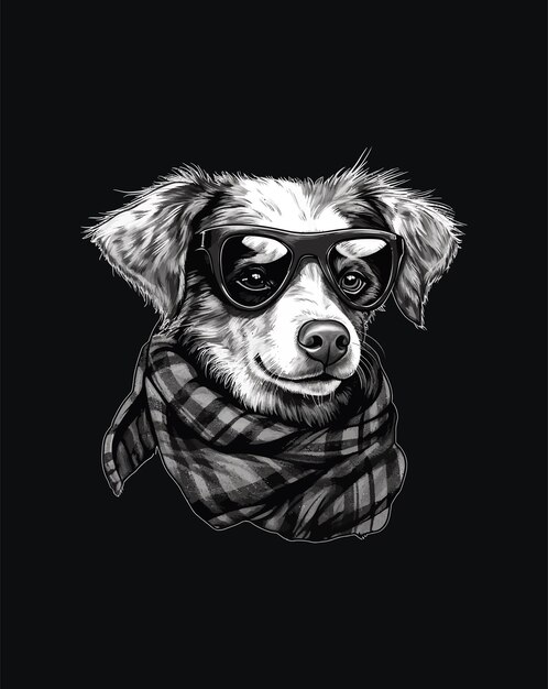 Vector funny dog wearing clothes sunglasses dog black and white portrait