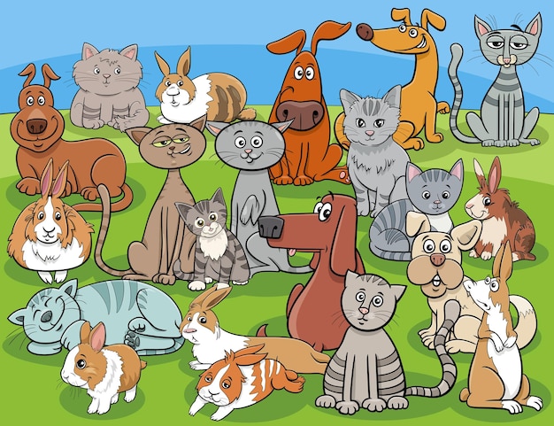 Вектор Смешные собаки и кошки и кролики мультяшные персонажи группы
