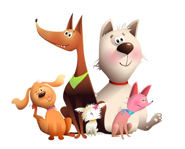 Vector funny dogs group sitting together pet shop clipart