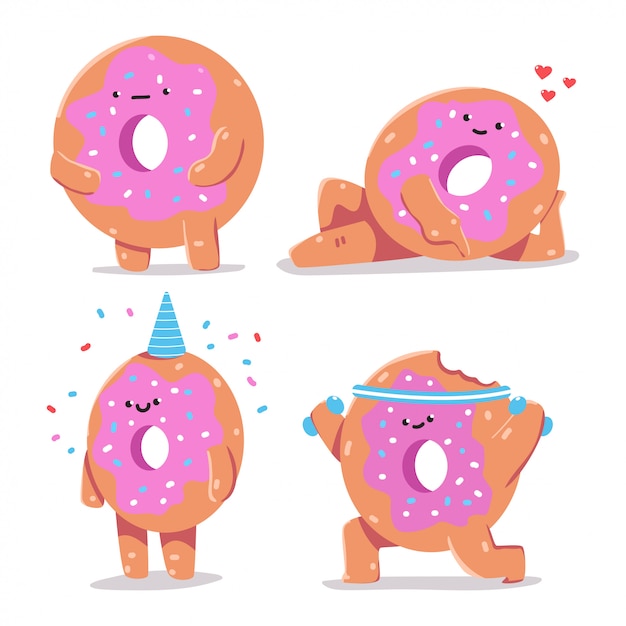 Funny donuts vector cartoon characters set isolated.