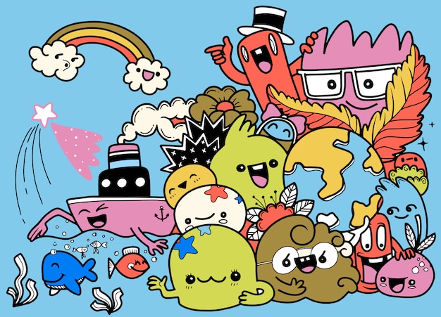     Funny Doodle Cartoon Set .   Hand Drawn Illustration  .