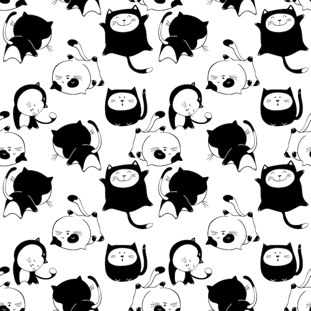 Funny doodle cats seamless pattern. Black cats characters. Childish cats fabric pattern