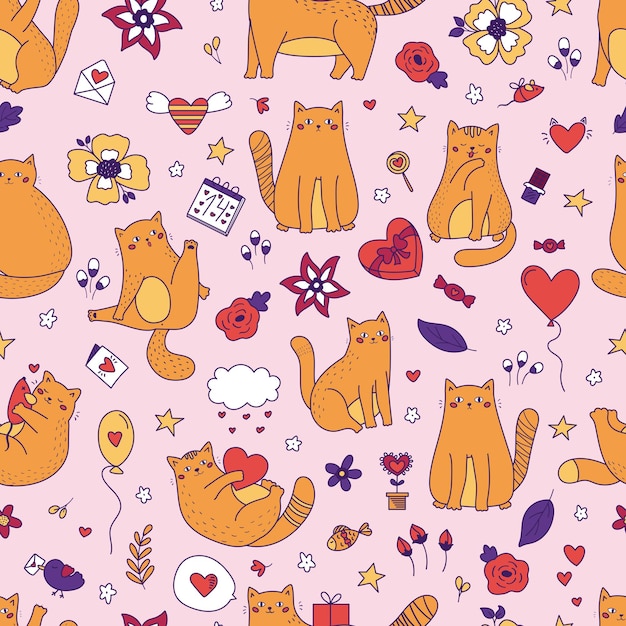 Funny doodle cats with balloon seamless pattern