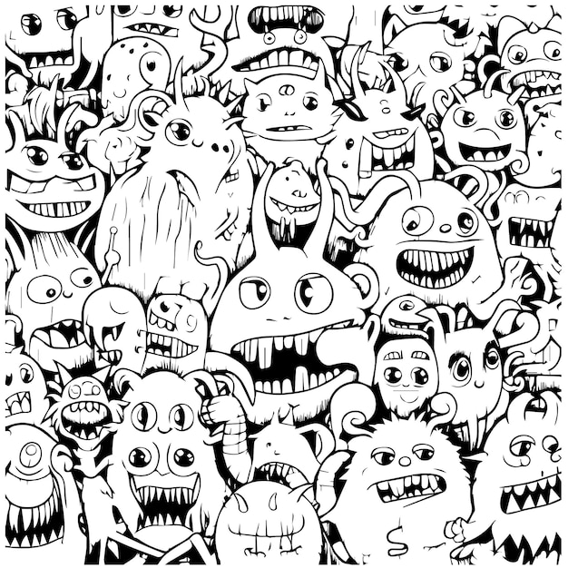 Vector funny doodle monster pattern for coloring book or page