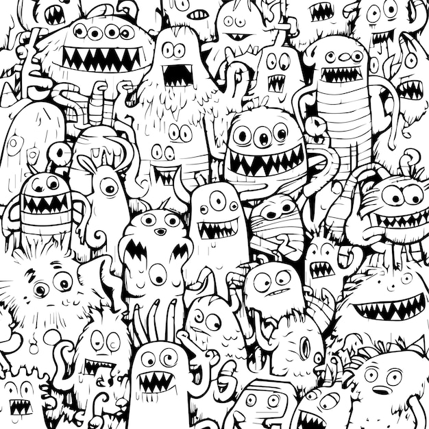 funny doodle monster pattern for coloring book or page