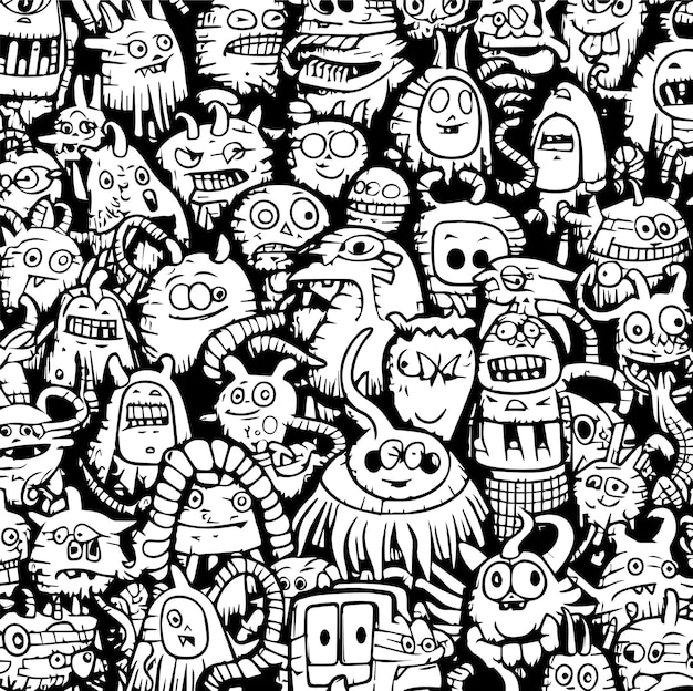 funny doodle monster pattern for coloring book or page