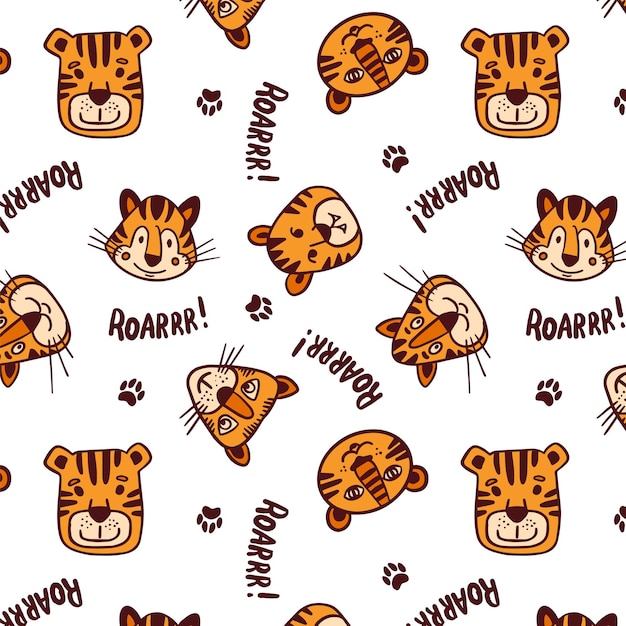 Funny doodle tiger seamless color pattern with hand drawn lettering new year symbol of 2022