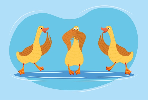 Funny ducks play in the water and tell gossip. Vector characters.