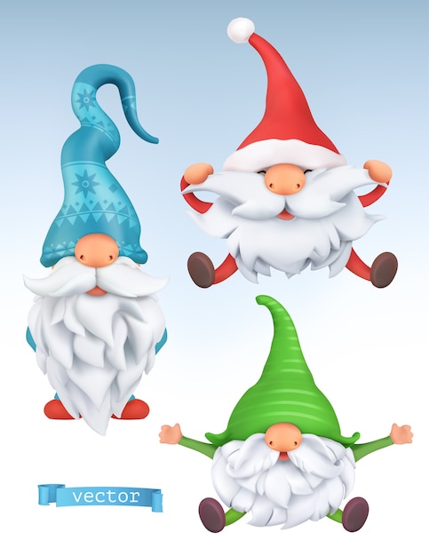 Funny dwarfs. Christmas 3d vector cartoon characters set