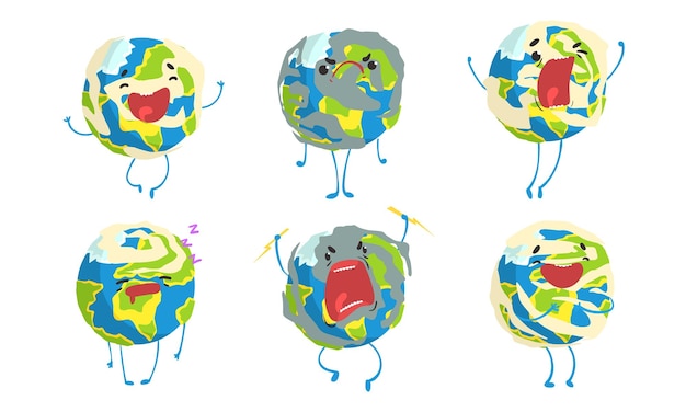 Vector funny earth globe in different situations collection comic planet cartoon character vector illustration