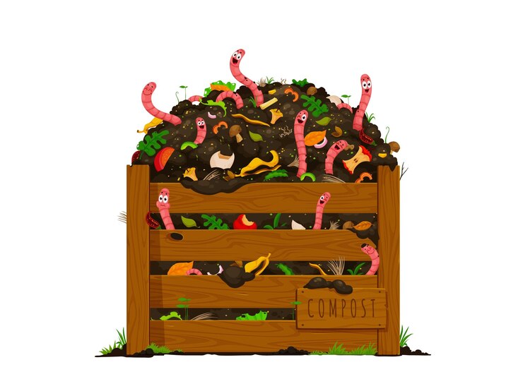 Vector funny earth worms in wooden compost box with soil