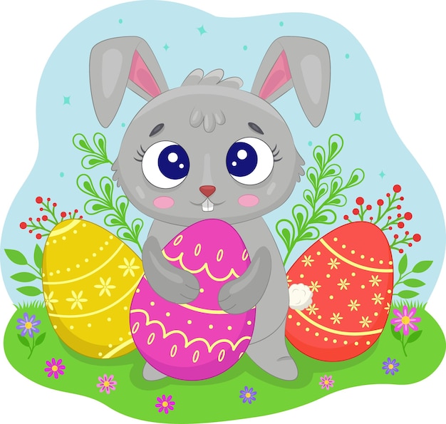 Funny Easter bunny with eggs vector cartoon illustration isolated in the background Vector