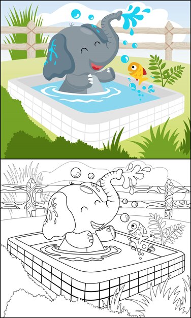 Funny elephant cartoon with a fish in swimming pool