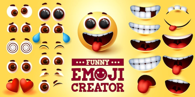 Divertente set di creatori di emoji vettoriali kit di emoji in facce buffe con espressioni facciali modificabili