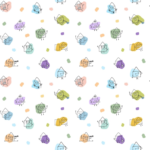 Funny envelopes with emotions. Vector characters with colored spots. Seamless pattern