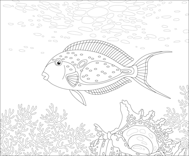 funny exotic parrotfish swimming over a quaint shell among thick branches of amazing corals