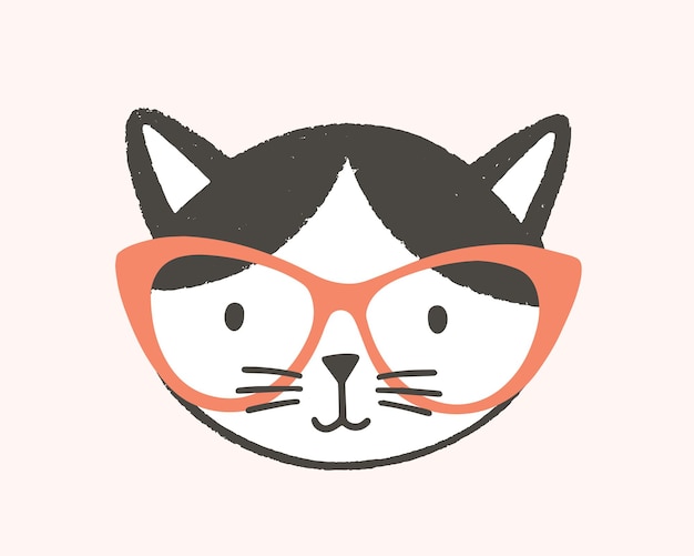 Faccia buffa o testa di gatto intelligente con gli occhiali. muso simpatico cartone animato di gattino intelligente isolato su priorità bassa bianca. illustrazione vettoriale infantile in stile piatto per t-shirt bambino o stampa felpa.