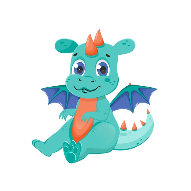 Funny fairy dragon character. cute magic animal with wings. isolated vector illustration.