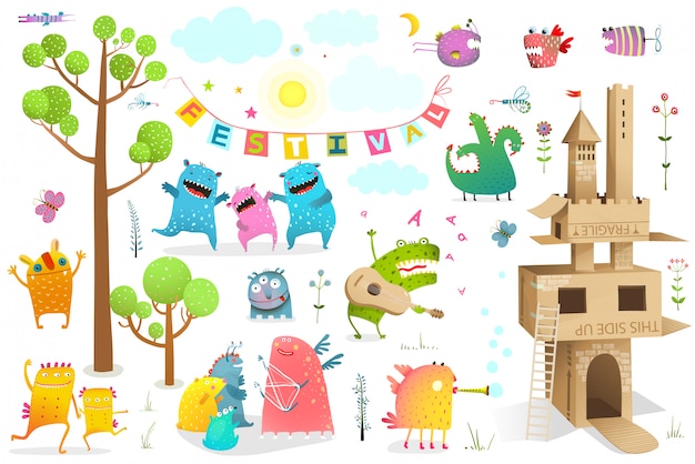 Funny fairy tale event for kids playing game with cardboard castle clip art.