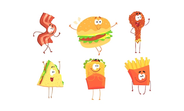 Funny fast food cartoon characters collection ham slice burger fried chicken drumstick shawarma sandwich french fries cafe o ristorante menu elemento di progettazione illustrazione vettoriale