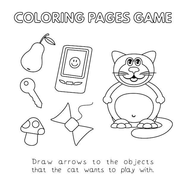 Funny fat cat kids learning game vector coloring book pages for children draw arrows to the objects that the cat wants to play with