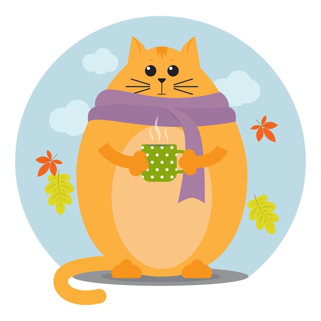 Funny fat cat in a scarf with a coffee mug in a flat style. fall autumn cold time