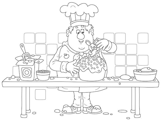 Funny fat cook confectioner standing at his kitchen work table and decorating a fancy easter cake