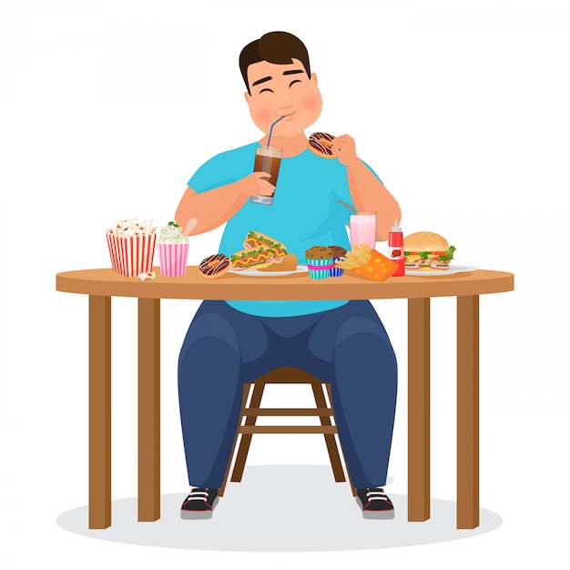 ハンバーガーファーストフードを食べて面白い脂肪肥満男。図。