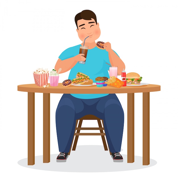 Vector funny fat obese man eating hamburger fast food.  illustration.