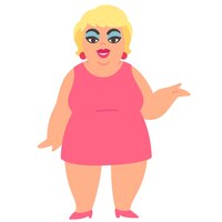 Funny fat woman caricature with tacky make-up and pink mini dress