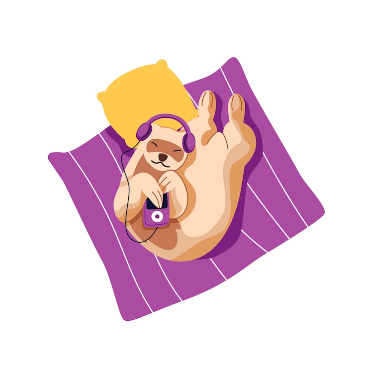 Vector funny ferret listens songs with earphone cute weasel lying holds music player adorable animal in headphones furry polecat relaxes on blanket flat isolated vector illustration on white background
