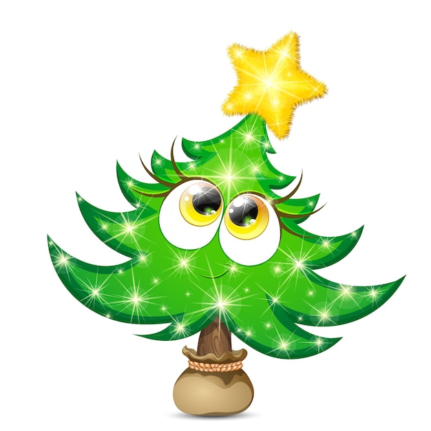 Funny fir tree girl character with yellow shiny star and Christmas lights in a pot bag