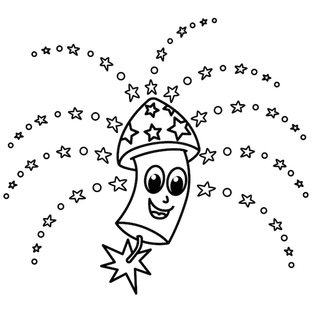 Funny firework cartoon characters vector illustration For kids coloring book