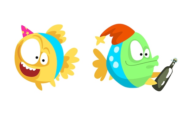 Vector funny fish character floating with champagne bottle celebrating holiday vector set
