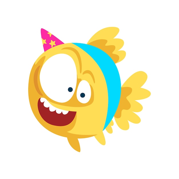 Funny fish in party hat little sea creature character marine theme design element can be used for kids party invitation greeting card vector Illustration isolated on a white background