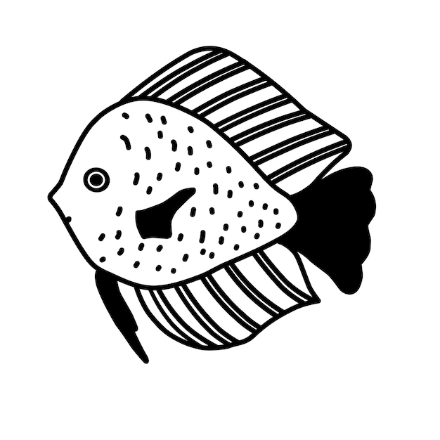 Illustrazione vettoriale di pesce divertente su uno sfondo bianco isolato contorno nero di un pesce d'acquario mondo sottomarino doodle eps10 linea d'arte