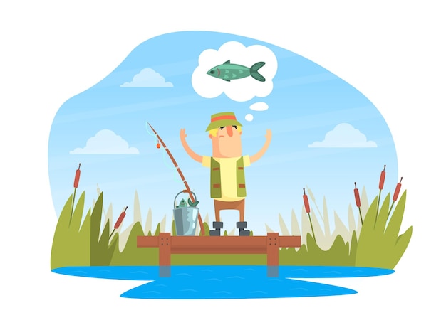 Funny Fisherman Character Standing on Wooden Pier and Dreaming to Catch Big Fish Cartoon Vector Illustration