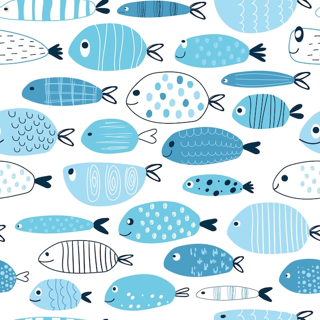 Vector funny fishes seamless childish pattern creative scandinavian baby print for fabric scrapbooking packaging textile wallpaper clothes vector cute illustration background hand drawn