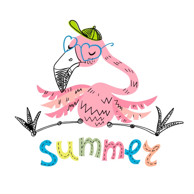 Funny flamingo with glasses and a cap