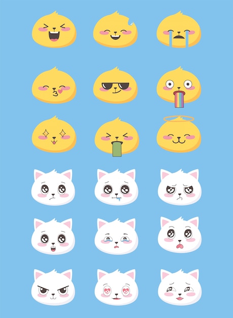 面白いフラットスタイル絵文字顔文字アイコンセット顔猫の表情 プレミアムベクター