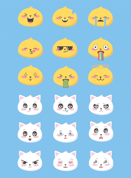 Set di icone di emoticon emoji divertente stile piatto facce gatti espressione facciale