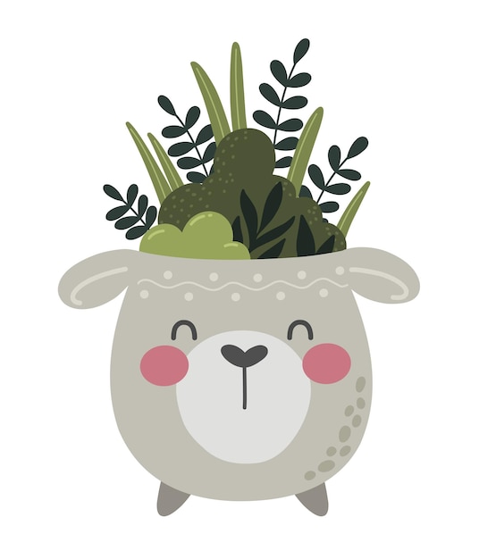 Funny flower pot animal llama Home plant with cute animal face character Vector illustration isola