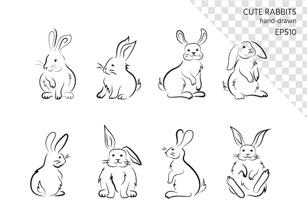 Funny fluffy rabbits hand drawn image set